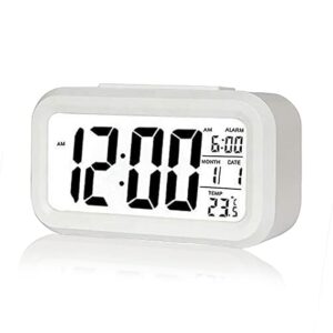 kadio digital alarm clock,battery operated small desk clocks,with date,indoor temperature,smart night light,lcd electronic clock for bedroom home office white (kdwhite