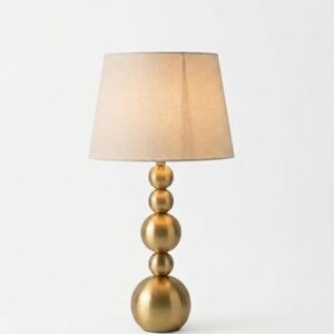 ball table lamp with neutral linen shade – 5 tier spherical base design – premium brass finish accent light for modern home interiors & bedside tables
