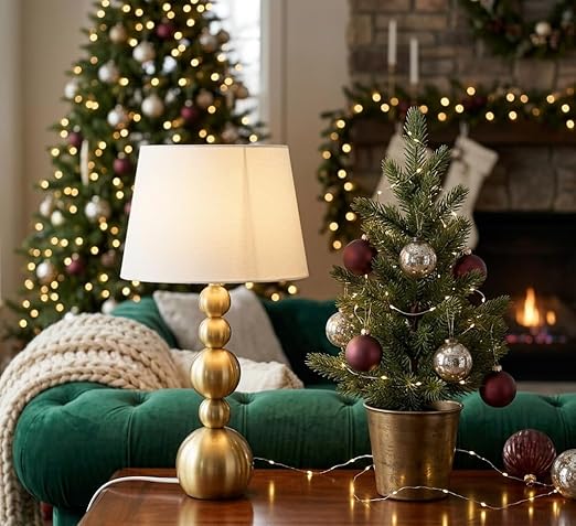 ball table lamp with neutral linen shade – 5 tier spherical base design – premium brass finish accent light for modern home interiors & bedside tables ball table lamp with neutral linen shade – 5 tier spherical base design – premium brass finish accent light for modern home interiors & bedside tables