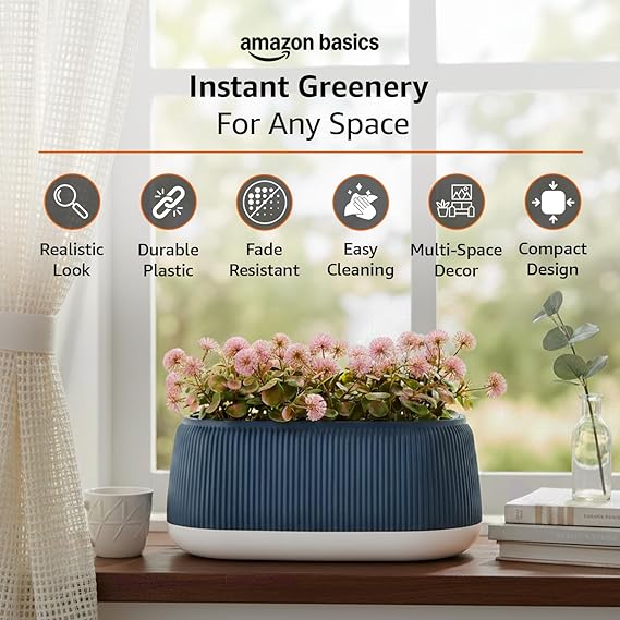 pink flowers with blue and white plastic pot | realistic 20 cm greenery | durable plastic | stylish & compact | zero maintenance | indoor, outdoor, home & office decor pink flowers with blue and white plastic pot | realistic 20 cm greenery | durable plastic | stylish & compact | zero maintenance | indoor, outdoor, home & office decor