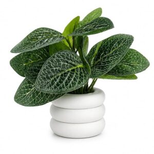 Home potted plant with modern white ceramic zen pot faux greenery for home decor, office desk, kitchen & bedside realistic lifelike leaves, small decorative indoor plant for gifting