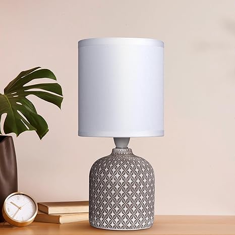 decorative table lamp (taupe) | concrete base with off white fabric shade | includes 5w led bulb | e14 holder | elegant ambient lighting for bedroom, living room & study decorative table lamp (taupe) | concrete base with off white fabric shade | includes 5w led bulb | e14 holder | elegant ambient lighting for bedroom, living room & study