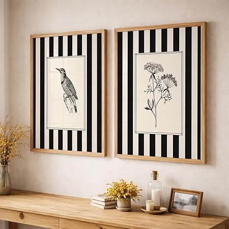 set of 2 minimalist black & white framed wall painting for living room | modern botanical & bird illustration wall art | aesthetic striped wall decor frames for bedroom, office & hall (m.2, 13x19 inches) set of 2 minimalist black & white framed wall painting for living room | modern botanical & bird illustration wall art | aesthetic striped wall decor frames for bedroom, office & hall (m.2, 13x19 inches)