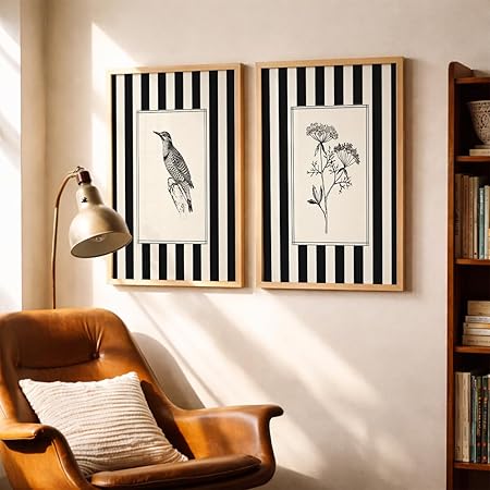 set of 2 minimalist black & white framed wall painting for living room | modern botanical & bird illustration wall art | aesthetic striped wall decor frames for bedroom, office & hall (m.2, 13x19 inches) set of 2 minimalist black & white framed wall painting for living room | modern botanical & bird illustration wall art | aesthetic striped wall decor frames for bedroom, office & hall (m.2, 13x19 inches)