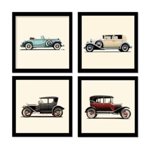 vintage car wall art framed posters, set of 4, multi colour, modern style decorative paintings for living room