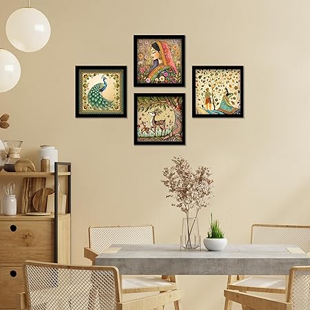 art framed painting for home, living room, hall | traditional rajasthani pichwai art paitnings with frame for home decor (set of 4) art framed painting for home, living room, hall | traditional rajasthani pichwai art paitnings with frame for home decor (set of 4)