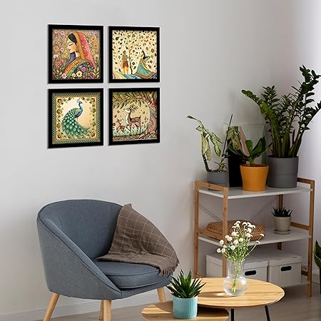 art framed painting for home, living room, hall | traditional rajasthani pichwai art paitnings with frame for home decor (set of 4) art framed painting for home, living room, hall | traditional rajasthani pichwai art paitnings with frame for home decor (set of 4)